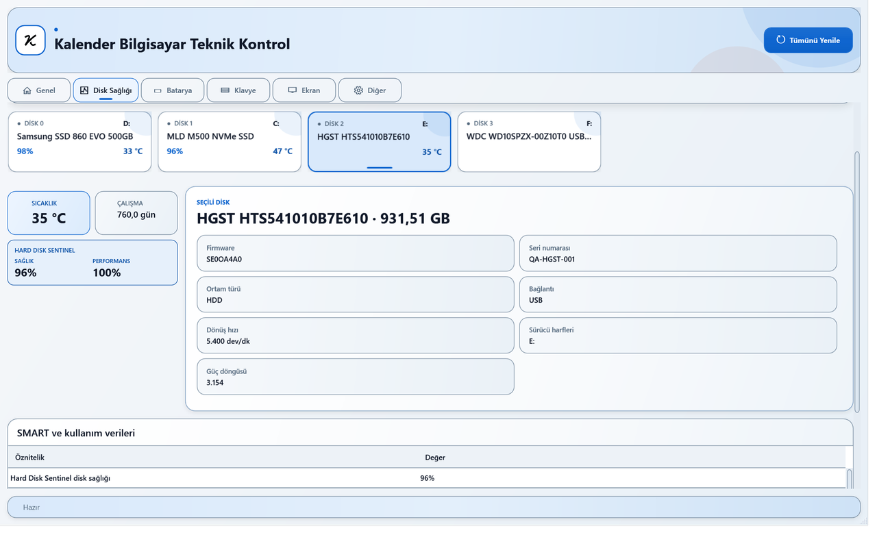 Programdaki salt okunur disk sağlığı ekranı