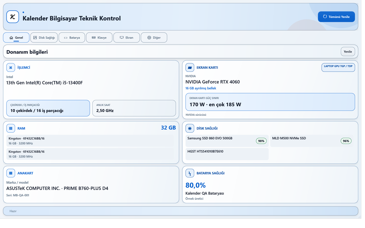 Kalender Bilgisayar Teknik Kontrol programının işlemci, ekran kartı, RAM ve disk bilgilerini gösteren genel ekranı