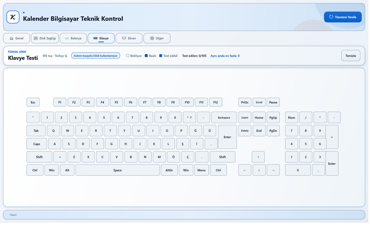 Windows kısayollarını test sırasında durduran klavye test ekranı