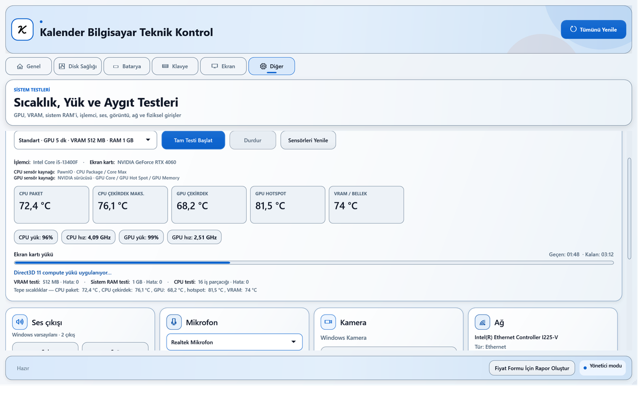 İşlemci, ekran kartı ve bellek yük testlerinin gerçek program ekranı