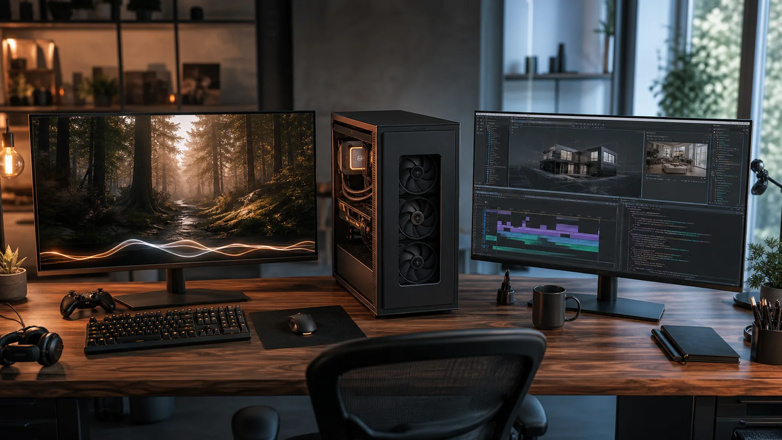 Oyun ve içerik üretim işlerini temsil eden çift monitörlü masaüstü bilgisayar