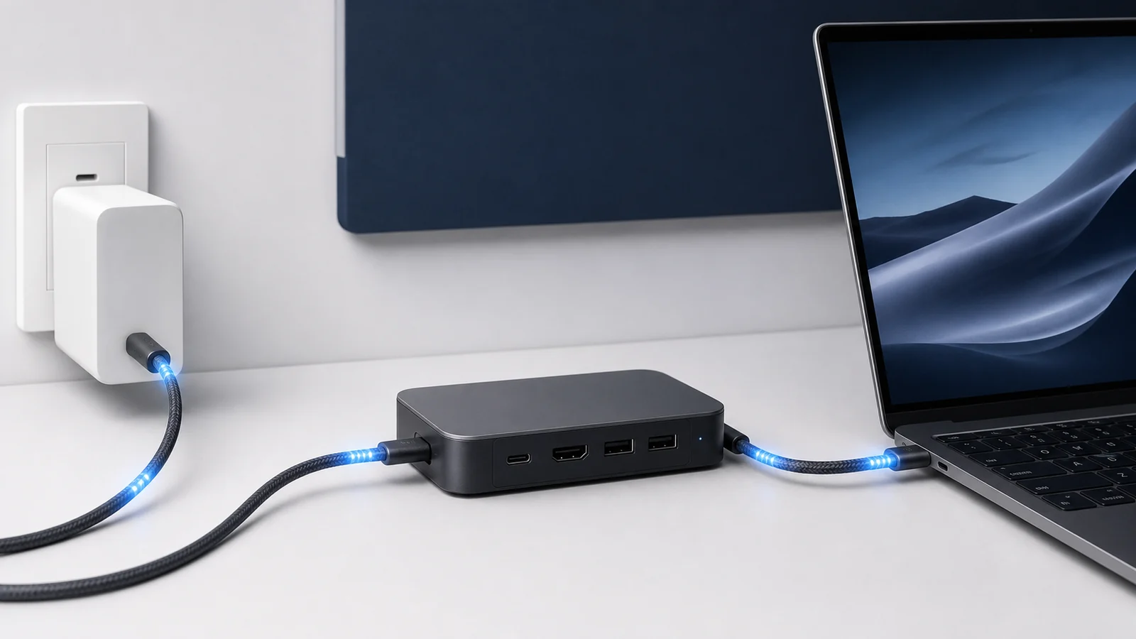 USB-C güç adaptörü, yüksek güçlü kablo, dock ve laptop bağlantı zinciri