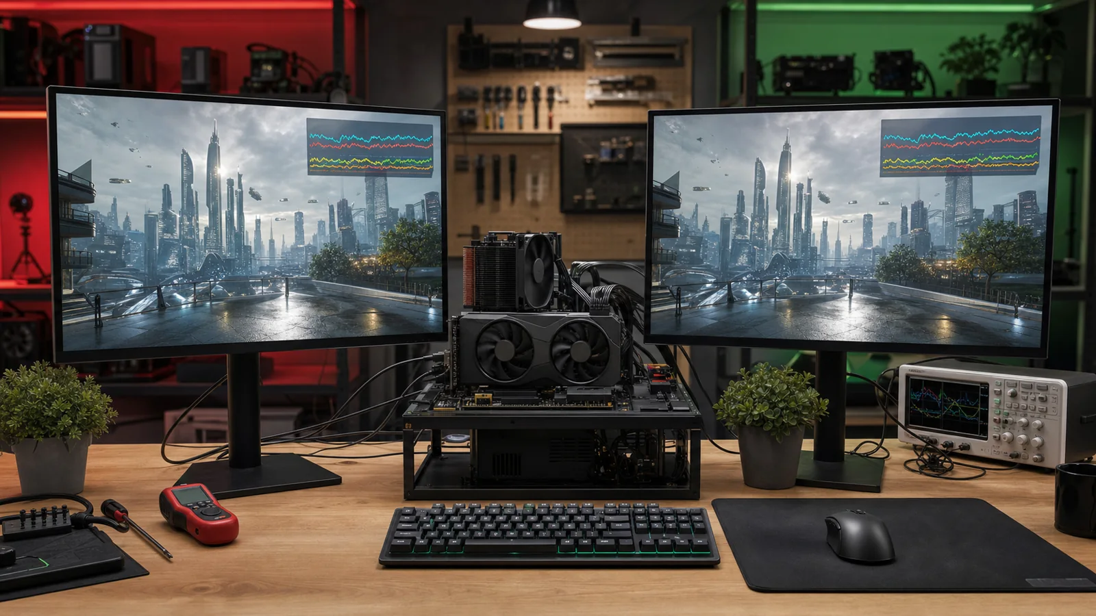 1080p oyun ölçümünde Radeon RX 7600 ile GeForce RTX 5050 karşılaştırmasını temsil eden çift ekranlı bilgisayar