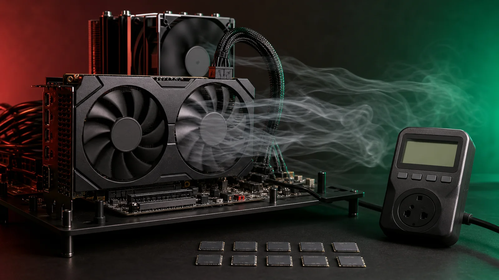 Radeon RX 7600 ve GeForce RTX 5050 için güç tüketimi ile çift fanlı soğutmayı temsil eden masaüstü sistem