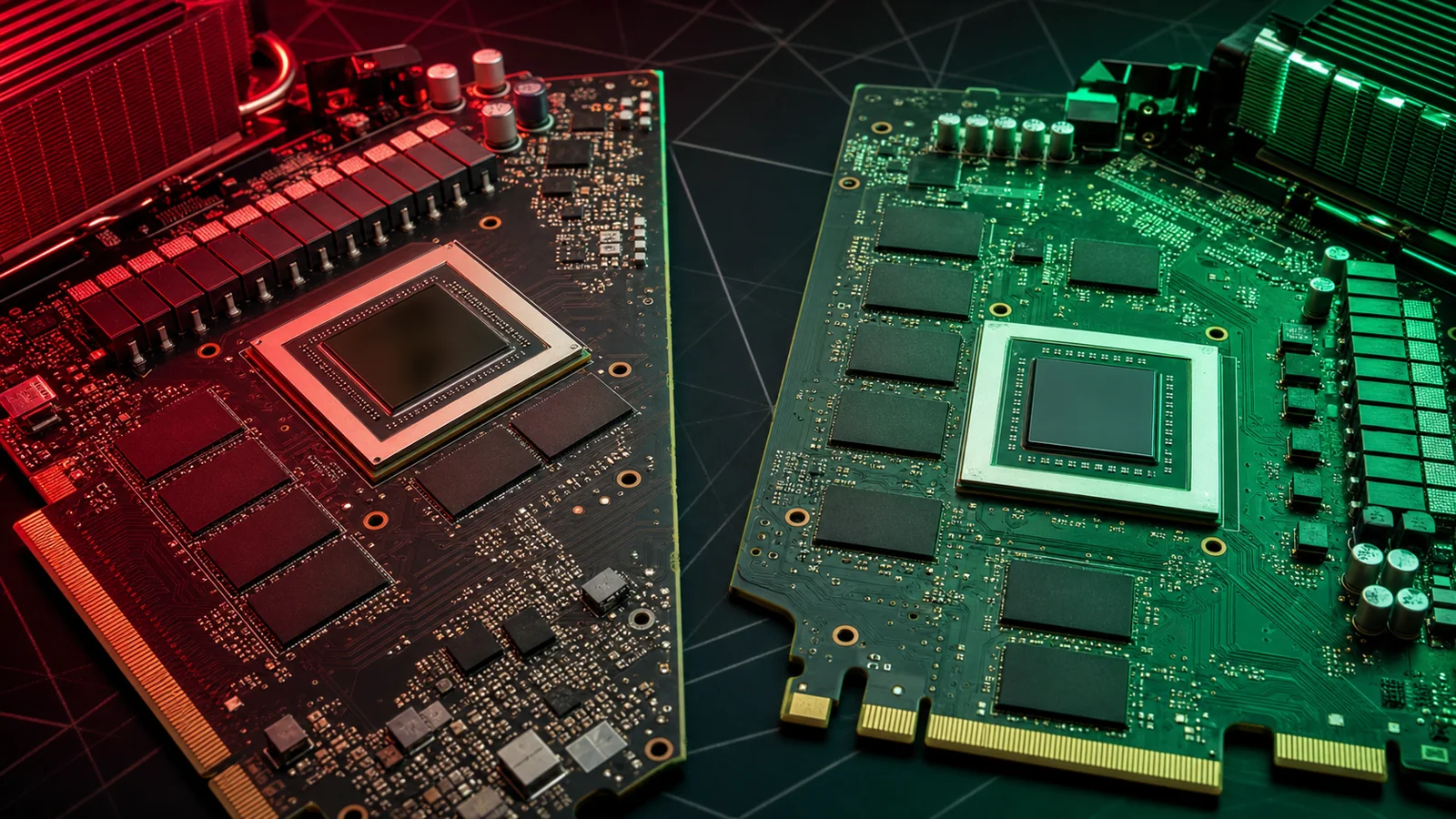 Radeon RX 7600 ve GeForce RTX 5050 mimarisi ile 8 GB GDDR6 belleği anlatan temsili ekran kartı görseli