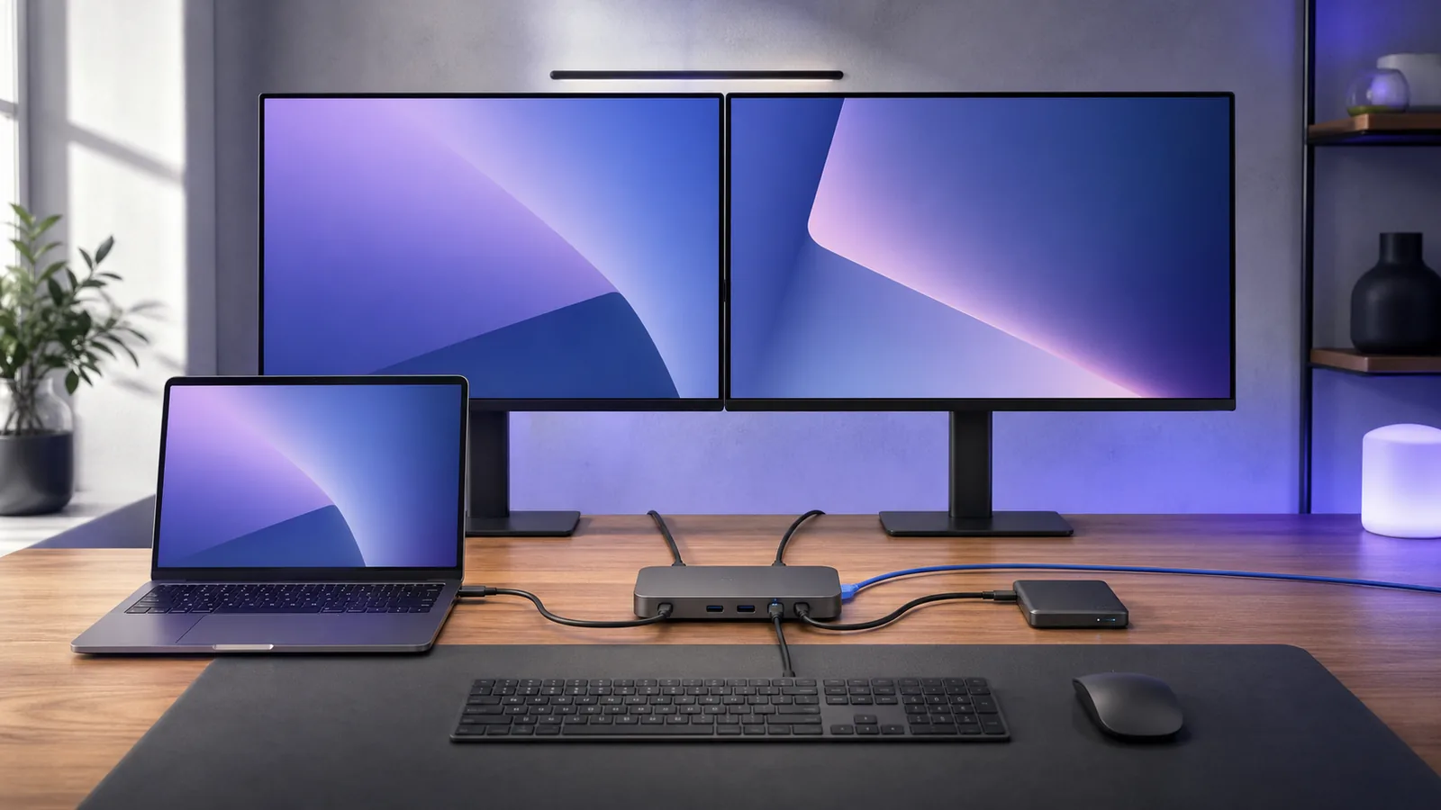Laptop, Thunderbolt veya USB4 dock, iki haricî ekran, ağ ve SSD arasında paylaşılan bağlantı yolları