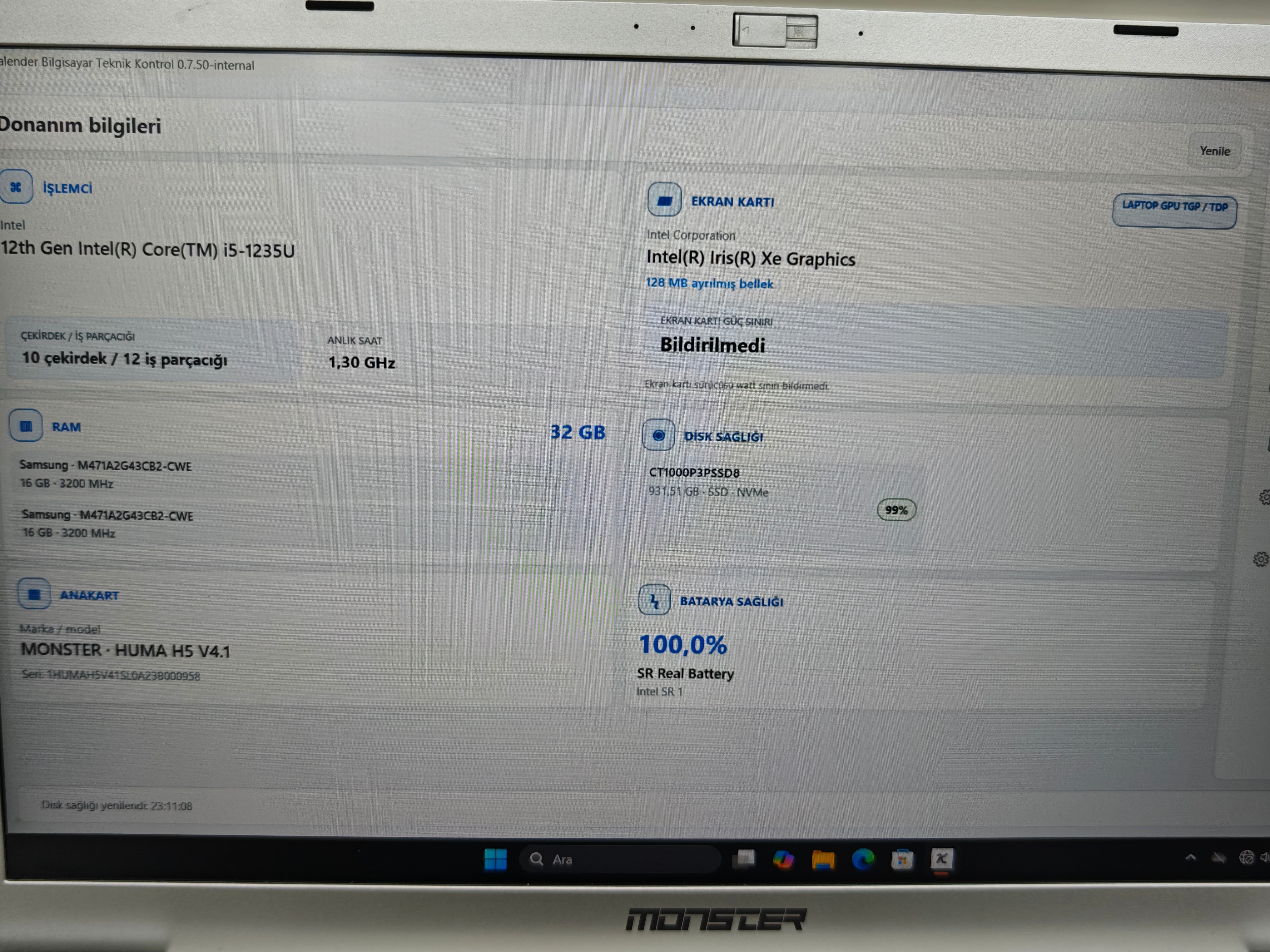 Monster Monster Huma H5 V4.1 i5 1235U 32 GB RAM 1 TB SSD 15.6 inç Laptop - Görsel 6