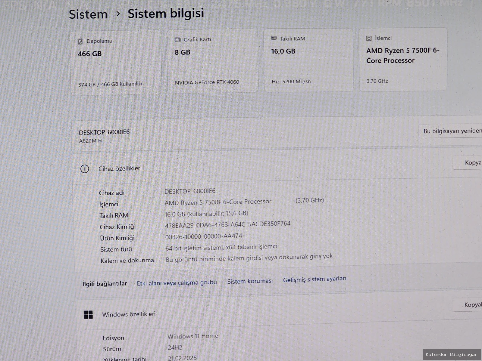 Diğer Ryzen 5 7500F RTX 4060 8GB 512GB SSD 16GB DDR5 RAM - Görsel 4