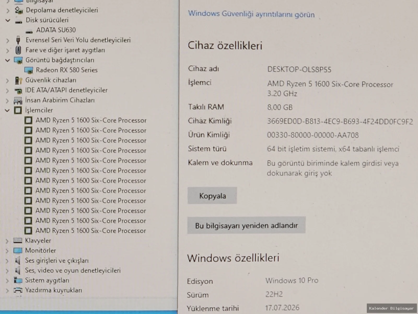 Diğer Ryzen 5 1600 RX 580 8 GB 240 GB SSD 8 GB RAM - Görsel 5