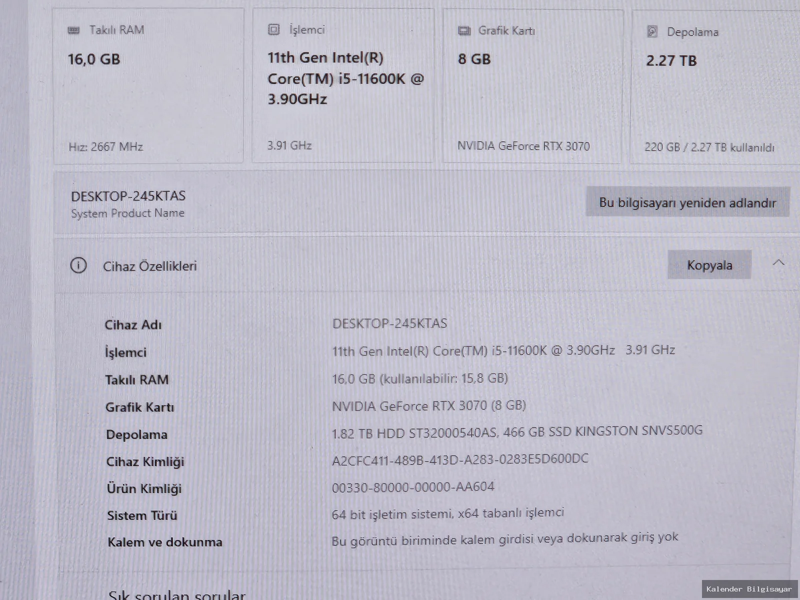 Diğer i5 11600K RTX 3070 16 GB RAM 512 GB SSD 2 TB HDD - Görsel 5