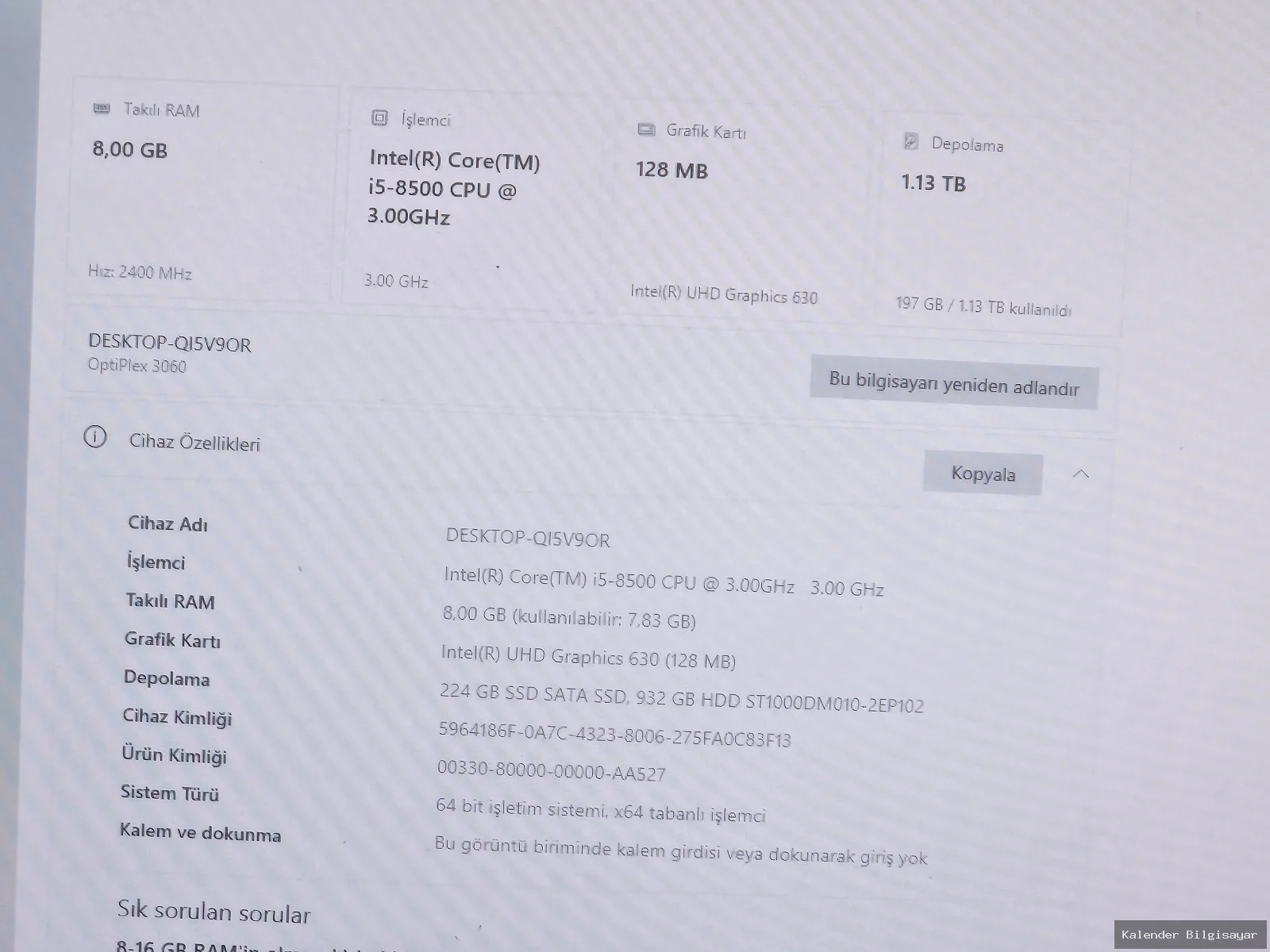 Dell Dell OptiPlex i5 8500 8 GB RAM 256 GB SSD 1 TB Harddisk - Görsel 4
