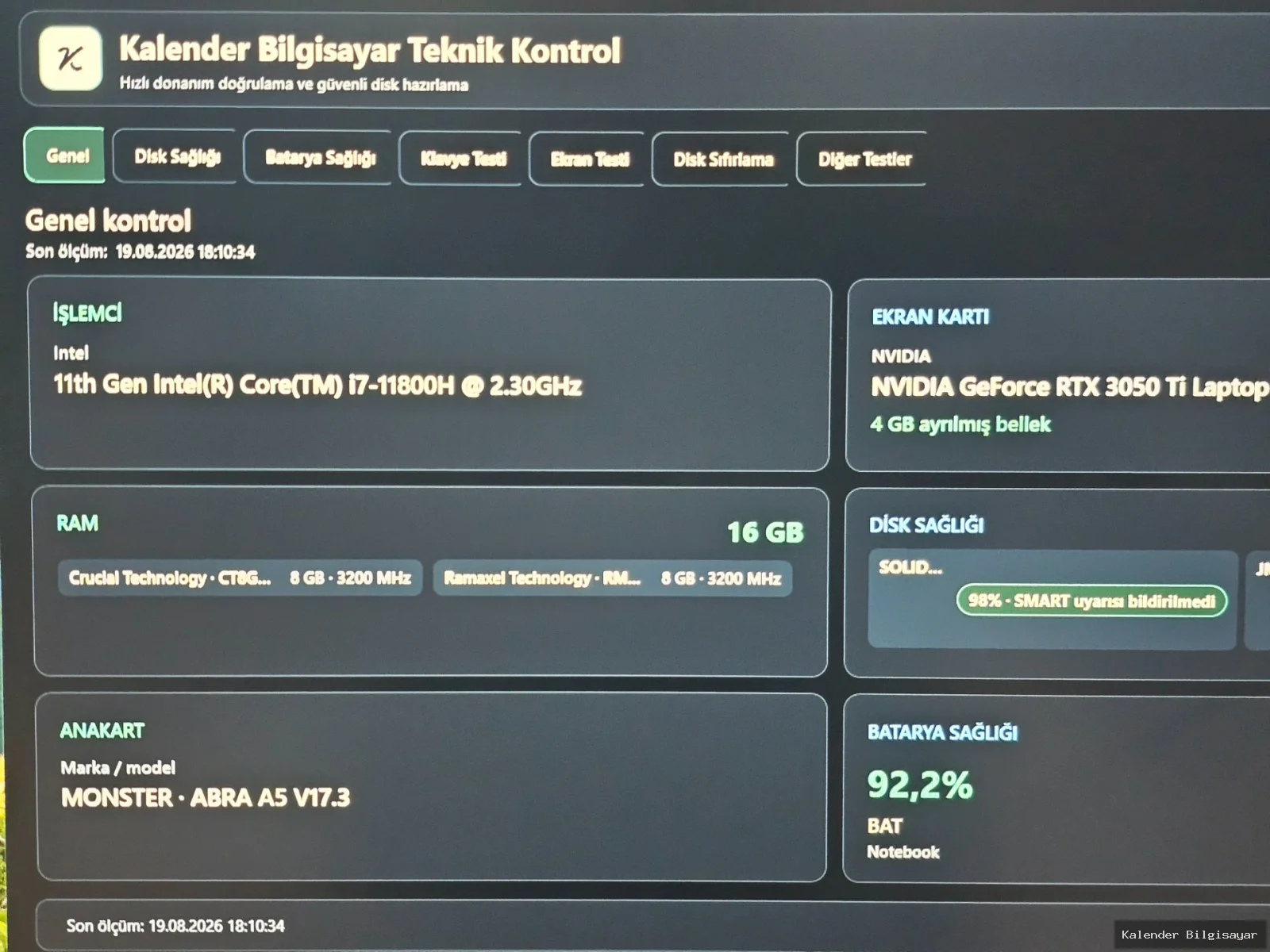 Monster Monster A5 V17.3 i7 11800H RTX 3050 Ti 16 GB RAM 512 GB SSD - Görsel 6