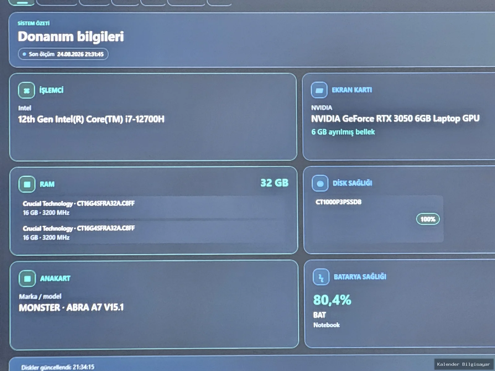 Monster Monster A7 V15.1 i7 12700H RTX 3050 6 GB 32 GB RAM 1 TB SSD Gaming Laptop - Görsel 6