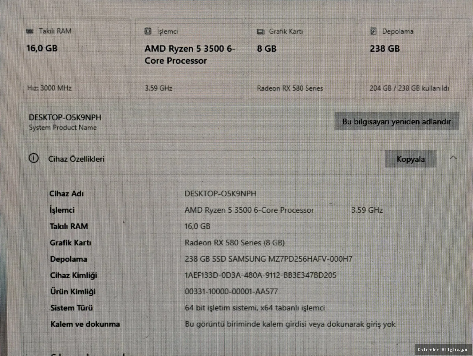 Ryzen 5 3500 RX 580 8 GB 16 GB RAM 256 GB SSD - Görsel 4