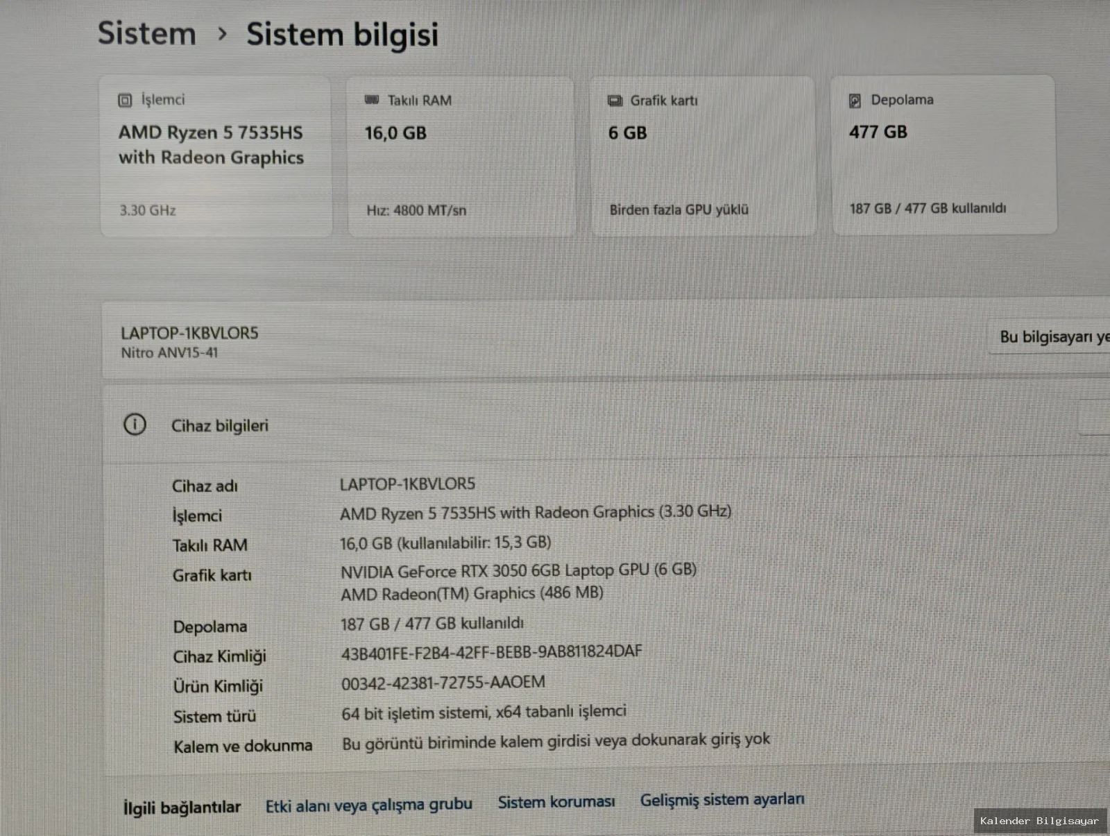 Acer Acer Ryzen 5 7535HS RTX 3050 6 GB 16 GB DDR5 RAM 512 GB SSD - Görsel 7