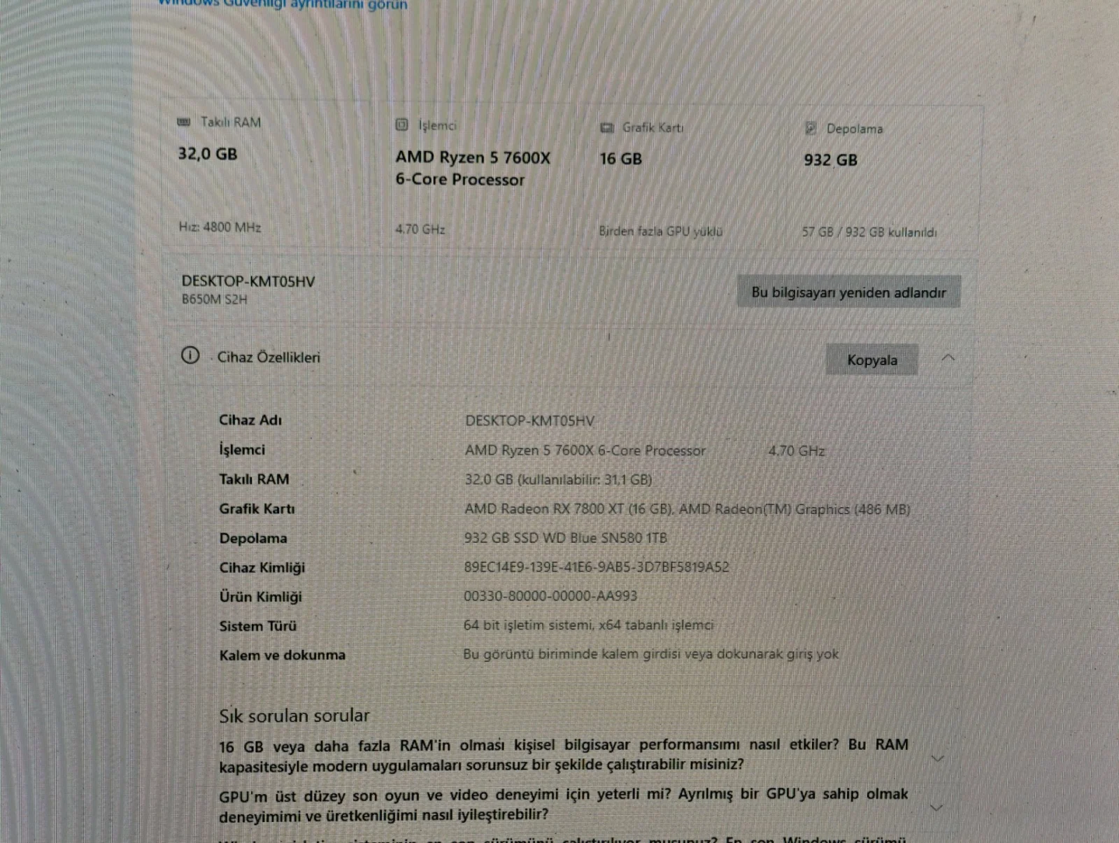 Ryzen 5 7600X RX 7800 XT 32 GB DDR5 RAM 1 TB SSD - Görsel 5