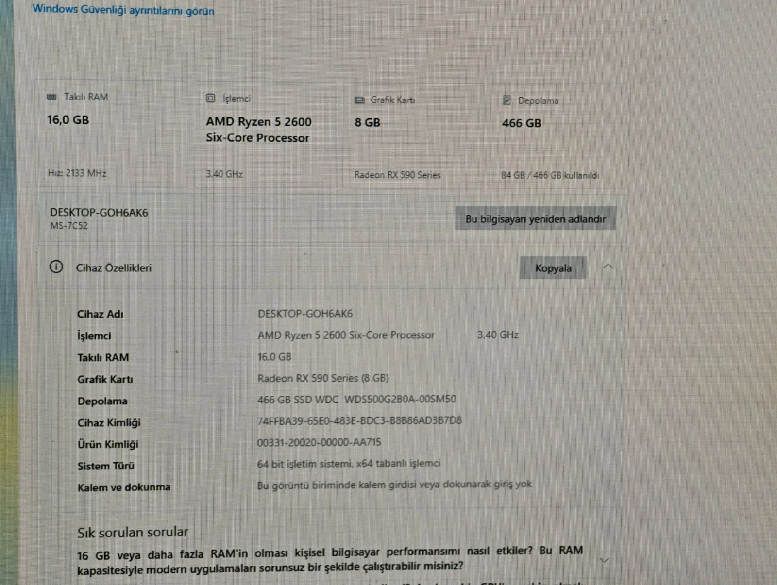 Ryzen 5 2600 RX 590 16 GB RAM 512 GB SSD - Görsel 6