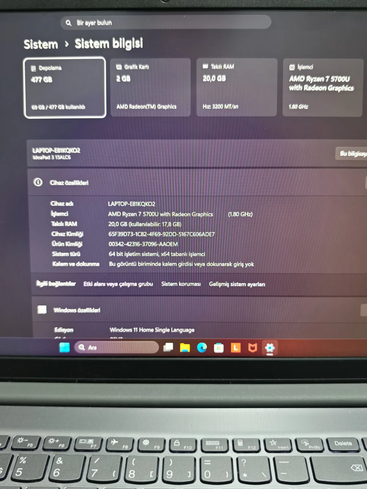 Lenovo Lenovo Ryzen 7 5700U 20 GB RAM 512 GB SSD Laptop - Görsel 6